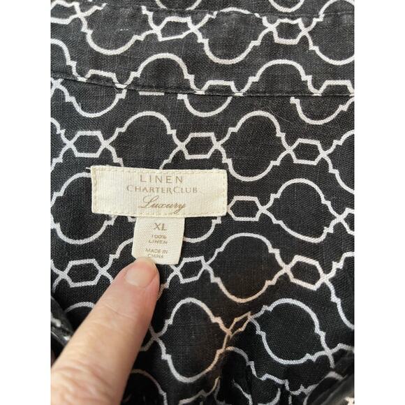 Charter Club Sz XL Linen Blouse Top Black White Long Sleeves Roll Tab - Picture 3 of 10